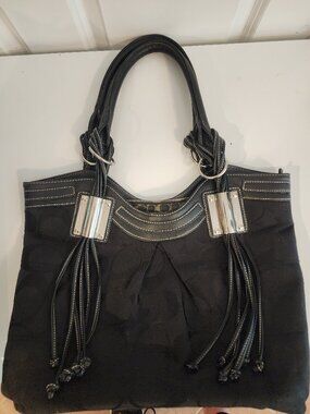 COACH Black Signature Canvas Tote Handbag Silver Hardware Tassel Details F04U-13